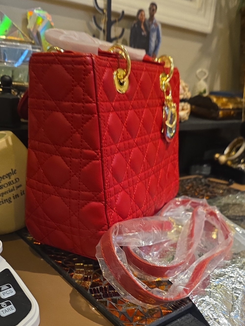 Quilted Red Top-Handle Women's Bag with Gold Hardware